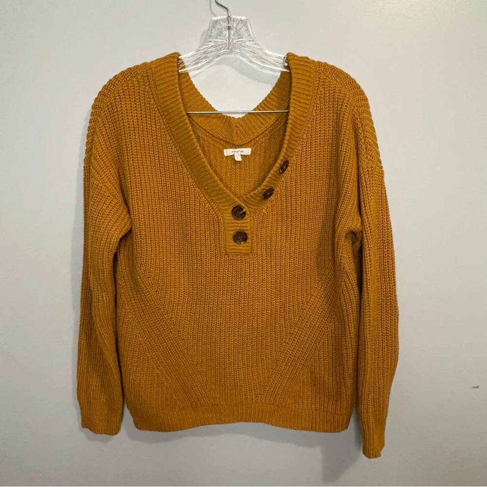 Maurice’s Women’s Sweater Large Mustard Brown Button Detail V-Neck Ribbed Comfy